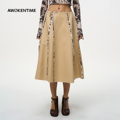 AWOKENTIME复古提花拼接百搭显瘦半身裙女2026年春季新款
