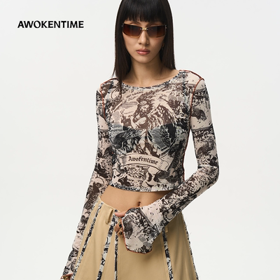 AWOKENTIME 原创设计印花打底衫网纱圆领T恤薄纱上衣2026年春新款