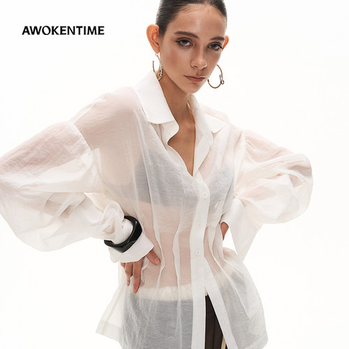 AWOKENTIME26年夏季新款气质收腰薄款松弛白色天丝长袖衬衫女