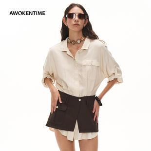 AWOKENTIME法式复古假两件叠穿宽松清透衬衫连衣裙女26夏新款