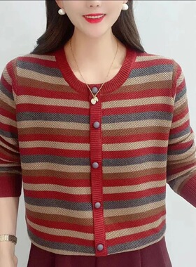 大码女装【80-200斤】宽松显瘦洋气针织上衣女冬撞色条纹圆领毛衣