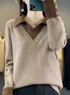 大码女装胖妹妹打底针织衫女士长袖假两件上衣时尚洋气POLO领毛衣