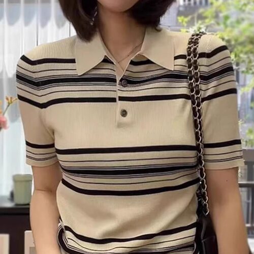 条纹POLO领短袖T恤女夏季新款