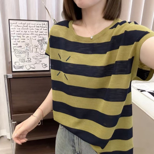 撞色条纹冰丝短袖 200斤 T恤女夏洋气减龄套头上衣 宽松显瘦