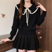 大码 娃娃领毛衣 今年流行 女装 宽松显瘦蝴蝶结系带上衣女秋冬新款