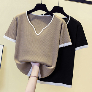 宽松正肩胖mm遮肉显瘦短袖 锁骨v领上衣大码 设计感T恤 法式 2025夏季
