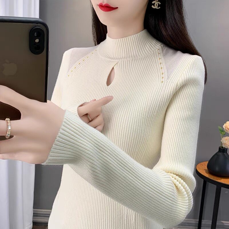 大码女装半高领钉珠内搭针织上衣女士秋冬洋气减龄镂空设计感毛衣,女装/女士精品,大码内搭,淘宝优惠券,粉丝福利购,淘宝优惠卷