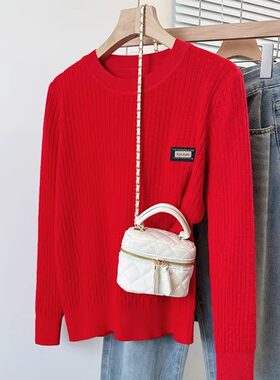 圆领套头红色毛衣女秋冬