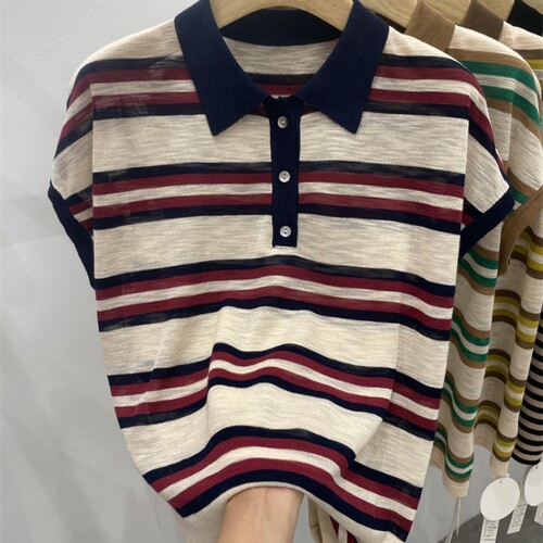 Polo领落肩袖冰丝无袖条纹上衣