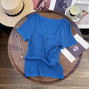薄款 大码 T恤女夏季 设计感冰丝针织短袖 宽松遮肚减龄镂空上衣 女装