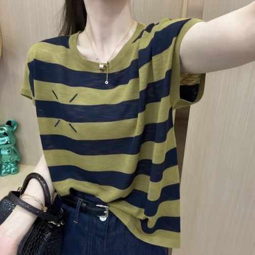 条纹冰丝短袖T恤女夏薄款