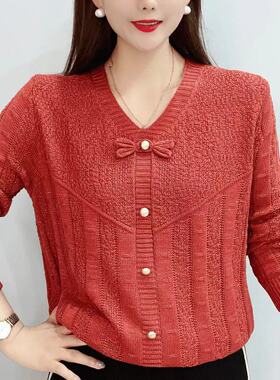 宽松显瘦【80-200斤】V领针织上衣女秋冬百搭蝴蝶结长袖打底毛衣