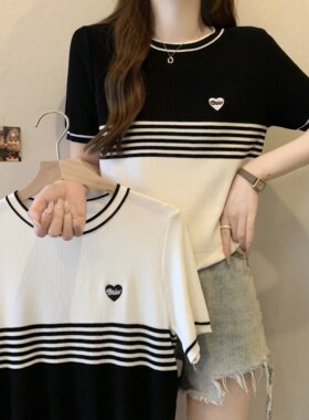 洋气爱心刺绣短袖T恤上衣女