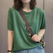 宽松显瘦 T恤女夏洋气打底针织上衣 圆领镂空冰丝短袖 200斤