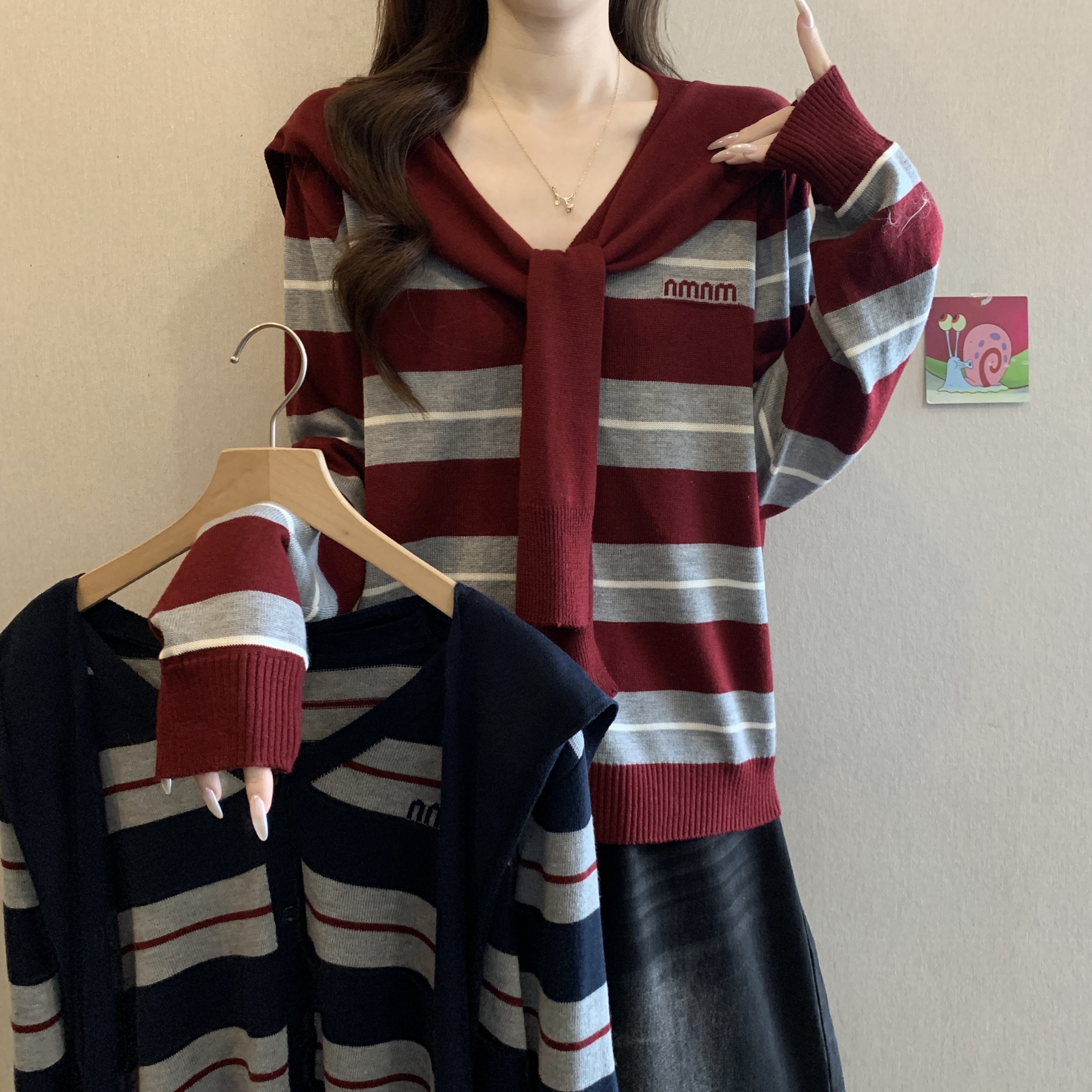 条纹开衫针织上衣女秋冬