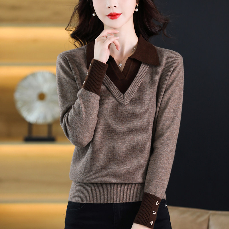 宽松显瘦【80-200斤】假两件POLO领毛衣女秋冬洋气针织打底衫上衣,女装/女士精品,大码内搭,淘宝优惠券,粉丝福利购,淘宝优惠卷