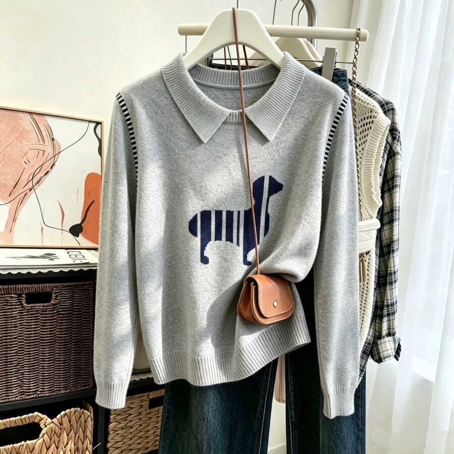 大码女装假两件POLO领针织上衣女秋冬季宽松遮肚提花套头毛衣外穿