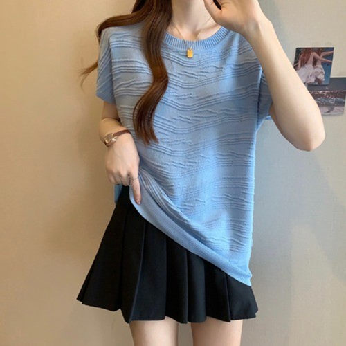 复古纹理冰丝短袖T恤女夏