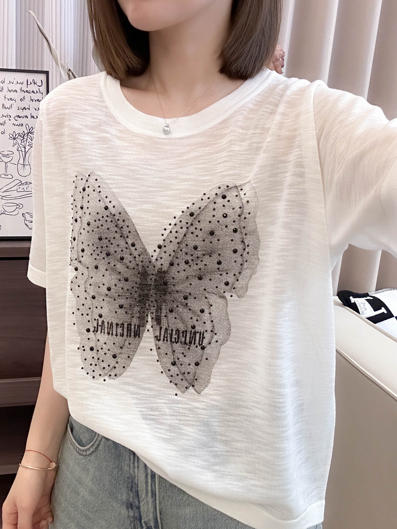 나비 프린트 핫 다이아몬드 라운드 넥 여성용 반팔 티셔츠 여름 새로운 대형 느슨한 배꼽 덮음 트렌디 한 니트 탑