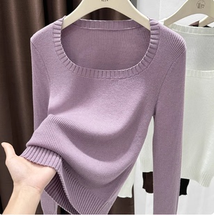 女装 显瘦弹力针织打底衫 时尚 秋冬修身 方领纯色毛衣女2025新款 大码