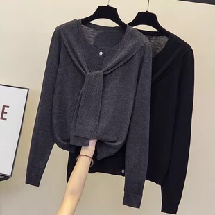 宽松显瘦【80-200斤】假两件系带披肩针织开衫女秋冬洋气减龄上衣