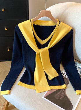 大码女装【80-200斤】V领假两件正肩针织上衣女秋冬披肩打底毛衣