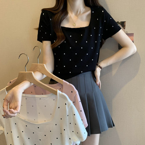 黑色波点方领正肩针织短袖t恤女