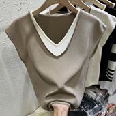 T恤女夏季 200斤 大码 冰丝短袖 宽松显瘦洋气假两件无袖 上衣