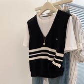 T恤女夏季 洋气条纹拼色短袖 宽松显瘦假两件冰丝针织上衣 女装 大码