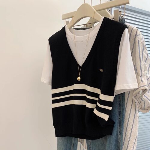 条纹拼色假两件短袖T恤女夏季