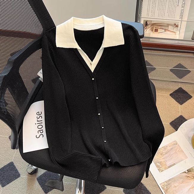 Polo领撞色上衣女假两件