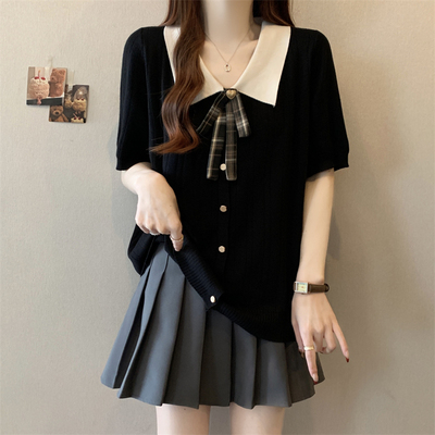 撞色翻领洋气短袖T恤女娃娃领