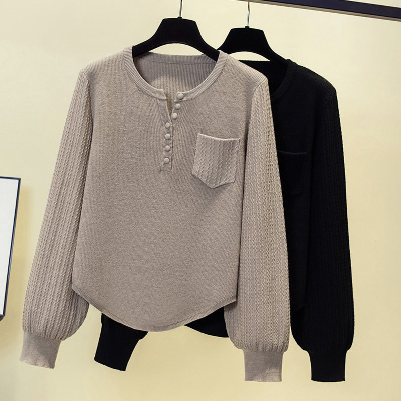 秋冬V领纯色针织衫女宽松遮肚