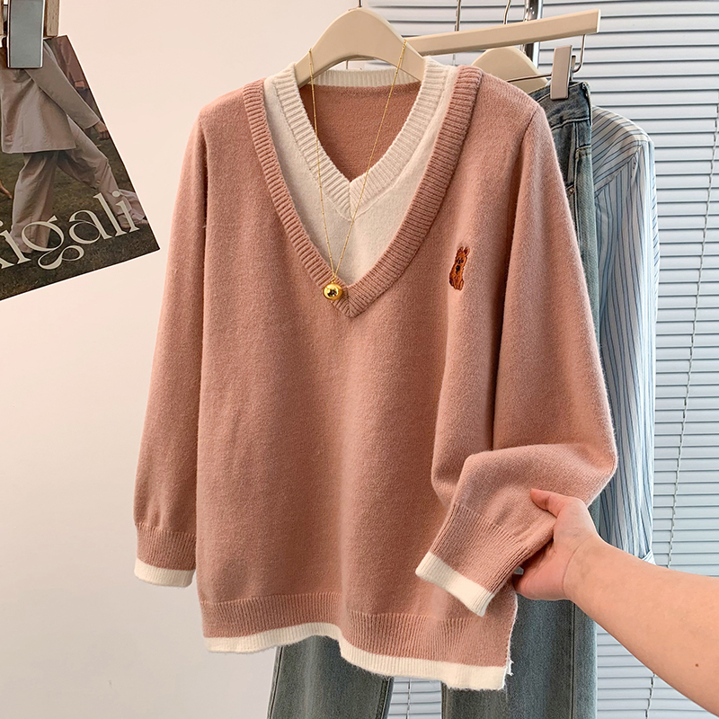 假两件V领针织毛衣女秋冬季