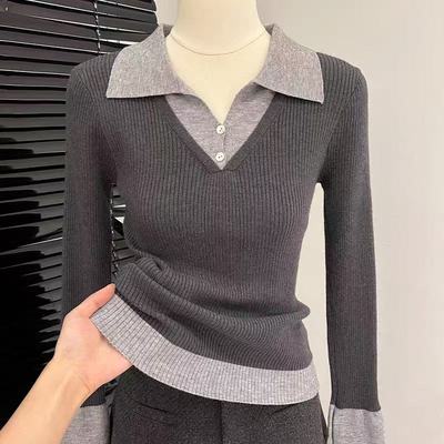 假两件撞色针织衫上衣女