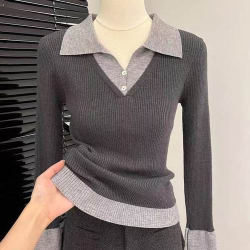 假两件撞色针织衫上衣女