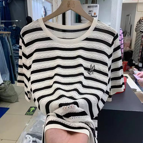 条纹冰丝短袖女夏镂空刺绣上衣