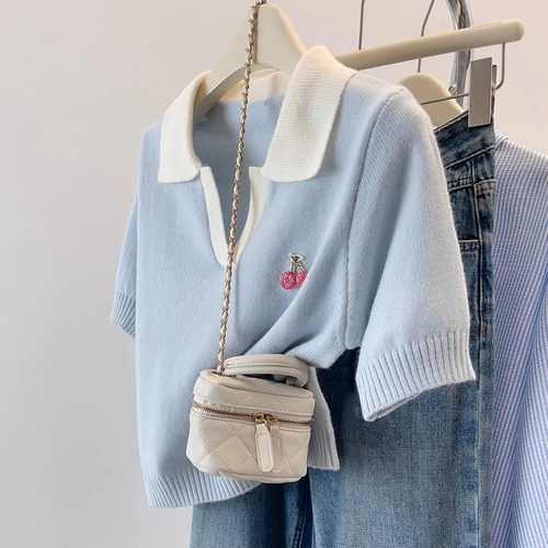 撞色Polo领针织短袖T恤女夏季