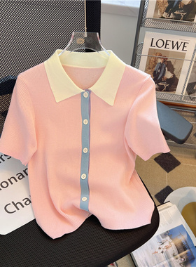多巴胺穿搭设计感Polo领撞色针织衫女夏大码宽松显瘦正肩上衣套头