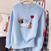 外穿蓝色圆领宽松遮肚毛衣大码 可爱风小狗刺绣针织衫 女秋冬季 上衣