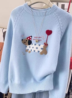 可爱风小狗刺绣针织衫女秋冬季外穿蓝色圆领宽松遮肚毛衣大码上衣