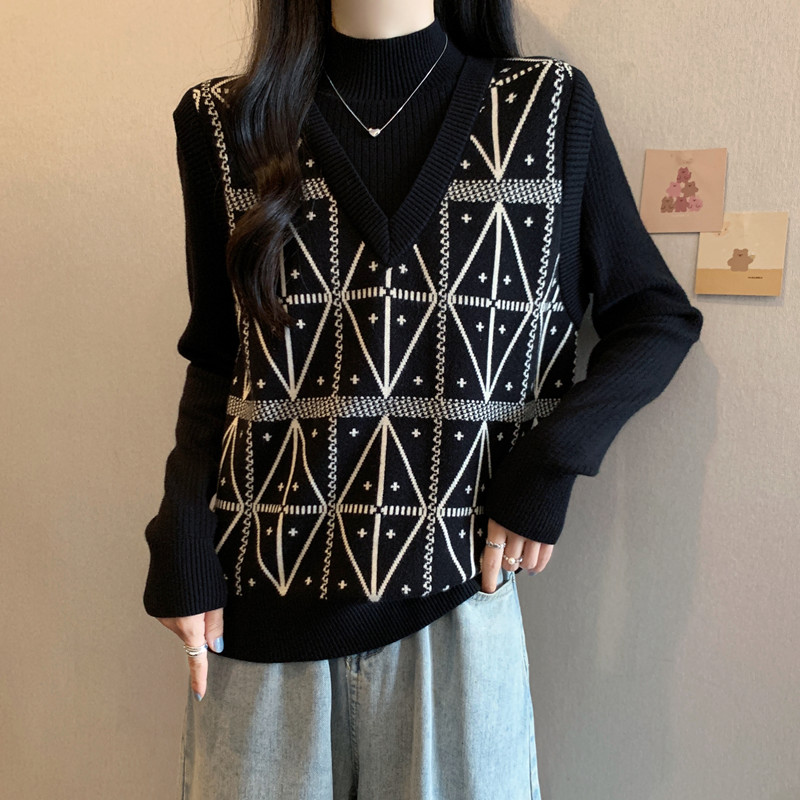 半高领假两件提花打底针织上衣女