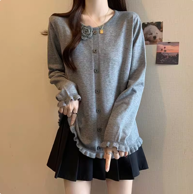 花朵针织上衣女冬洋气木耳边毛衣