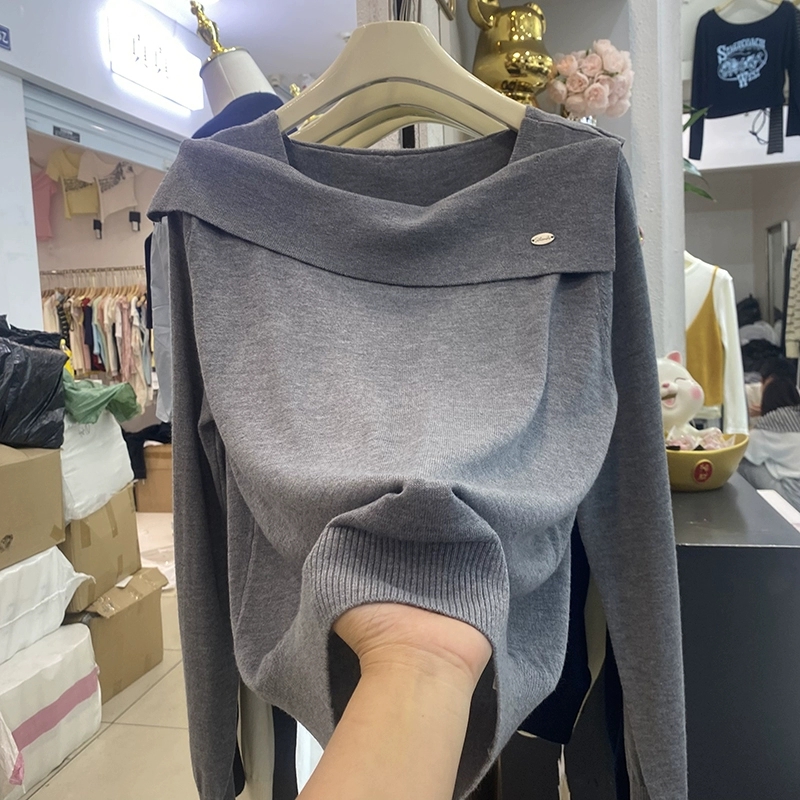 一字领针织上衣女秋冬打底衫