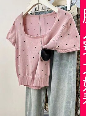 波点方领正肩针织短袖t恤女夏