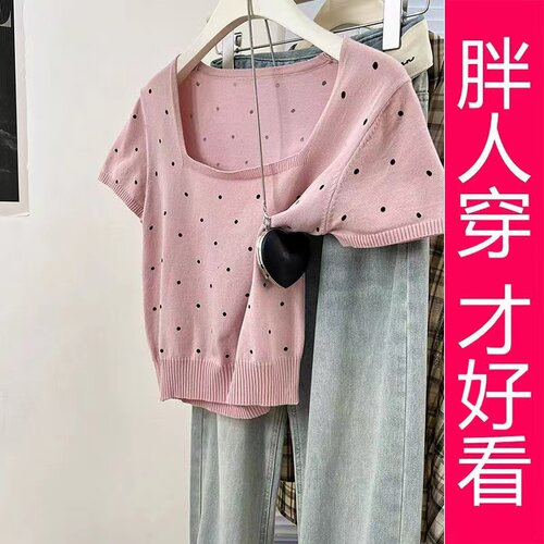 波点方领正肩针织短袖t恤女夏