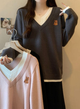 假两件慵懒风小熊毛衣女