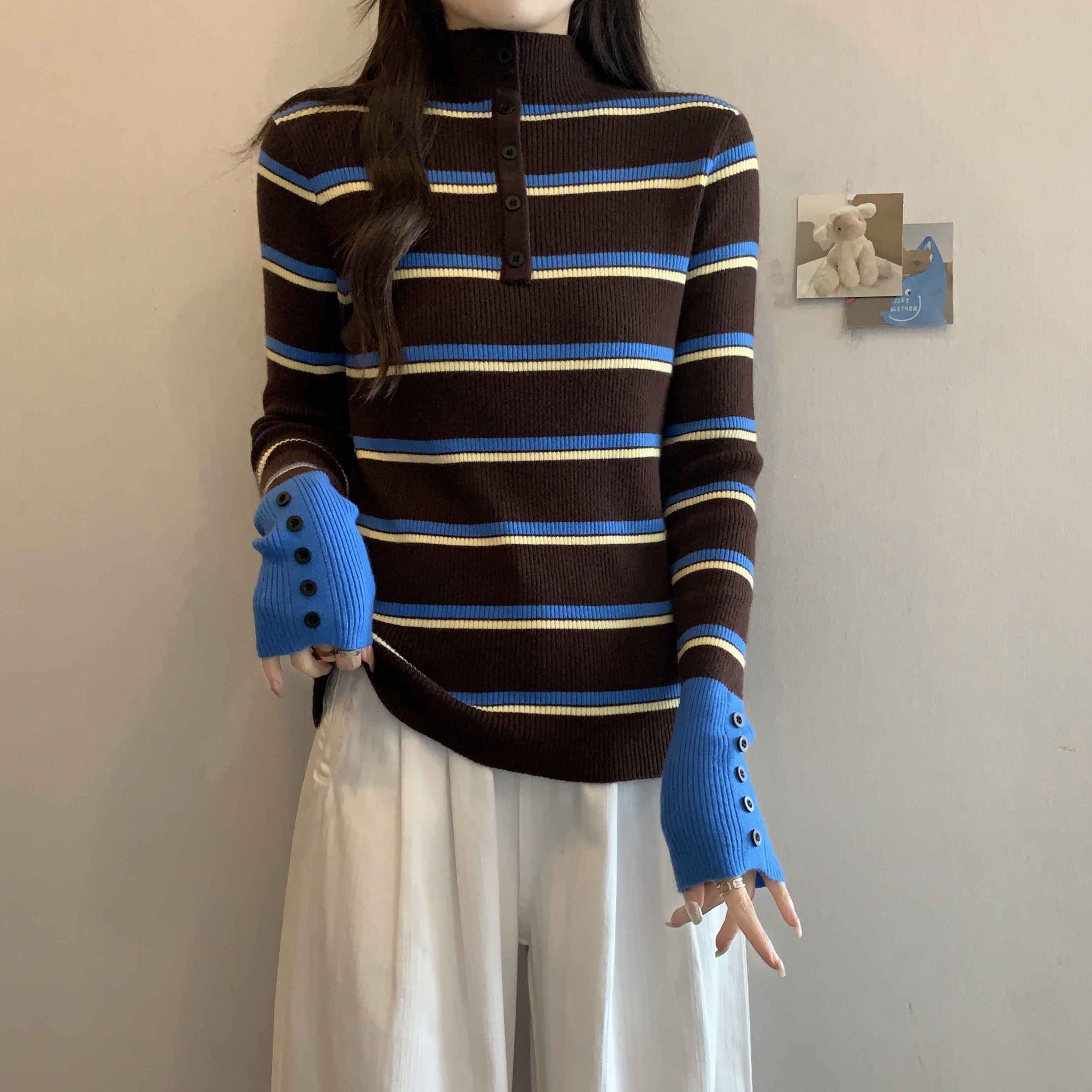 条纹半高领针织上衣女