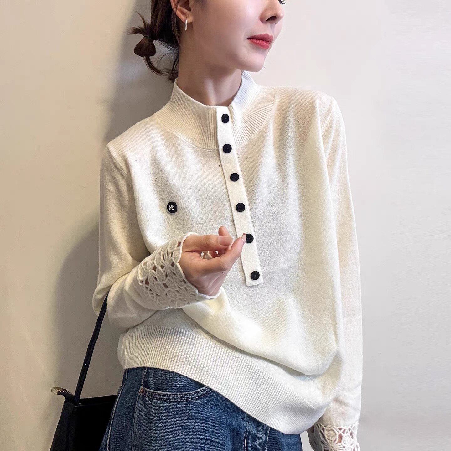 【80-200斤】半高领套头毛衣打底衫女秋冬钩花镂空袖拼接针织上衣,女装/女士精品,大码内搭,淘宝优惠券,粉丝福利购,淘宝优惠卷