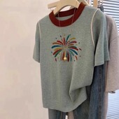 T恤女夏宽松显瘦洋气减龄上衣薄款 烟花刺绣撞色圆领短袖 女装 大码